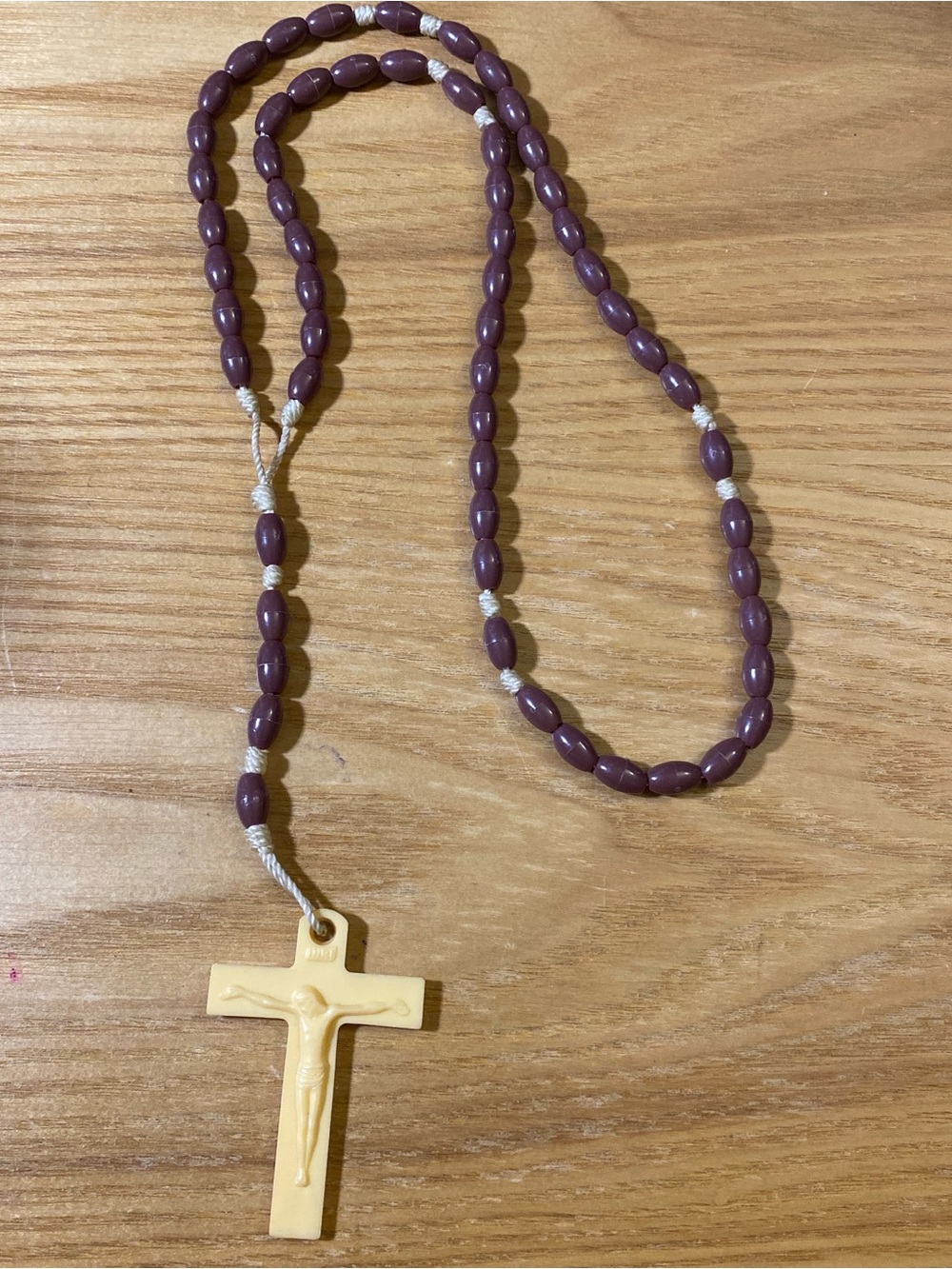 Rosary Necklace with brown plastic Beads and Ivory color Crucifix